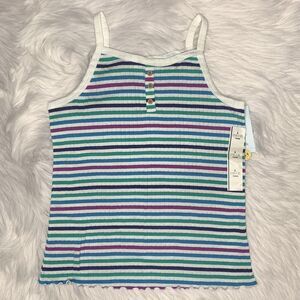 Colorful Striped Tank Top with Button Neckline and Lettuce Style Bottom Hem